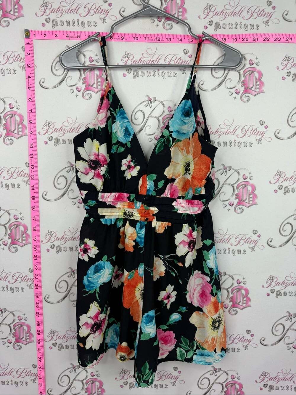 TRAC jumper romper Floral V-Neck Mini Dress in Black with Multicolor Blooms